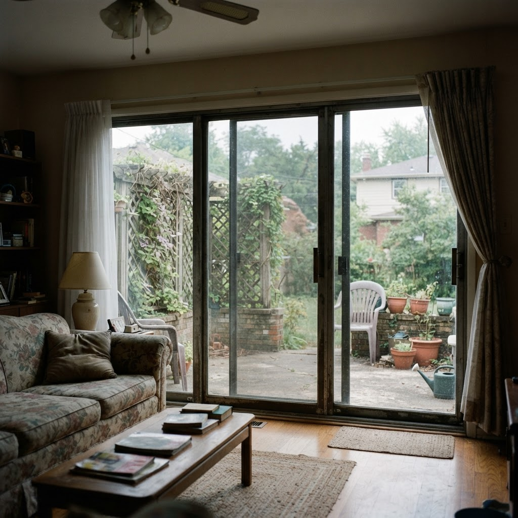 Traditional framed patio doors dividing the backyard view into sections