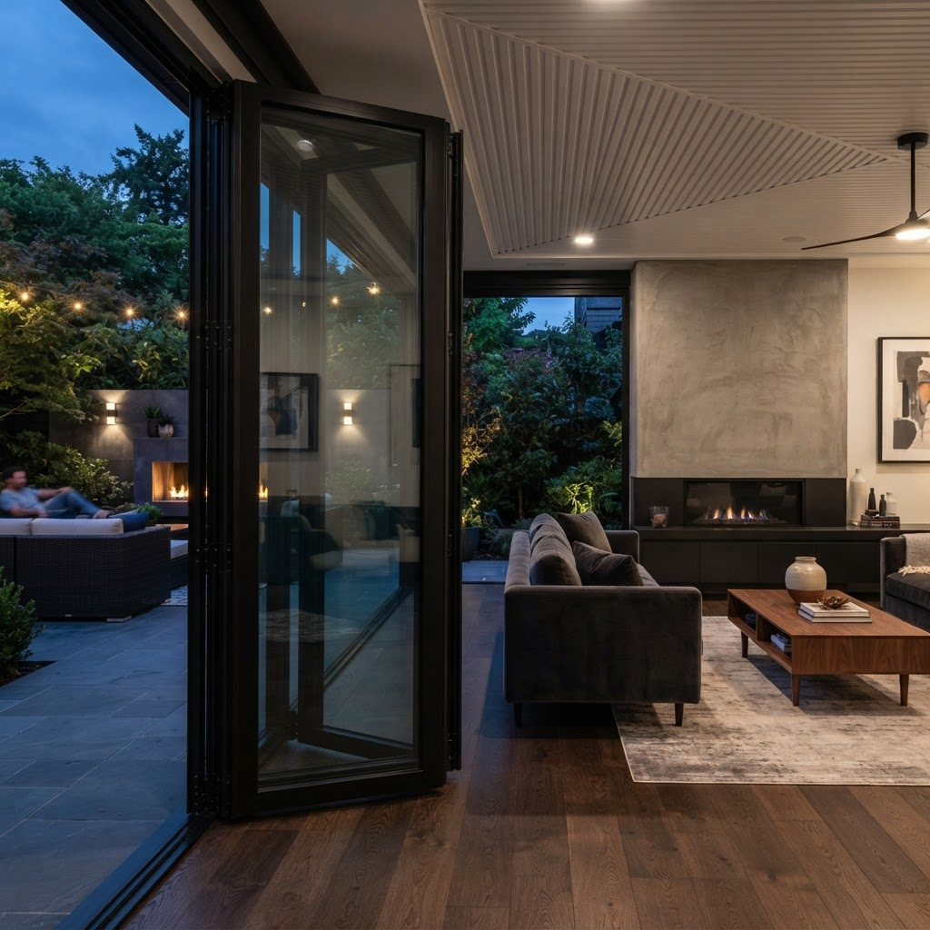 Bi-fold folding glass wall system partially folded open connecting to a patio