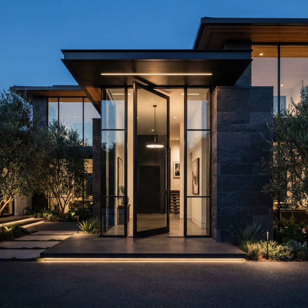 Monumental oversized glass pivot entry door of a luxury modern home