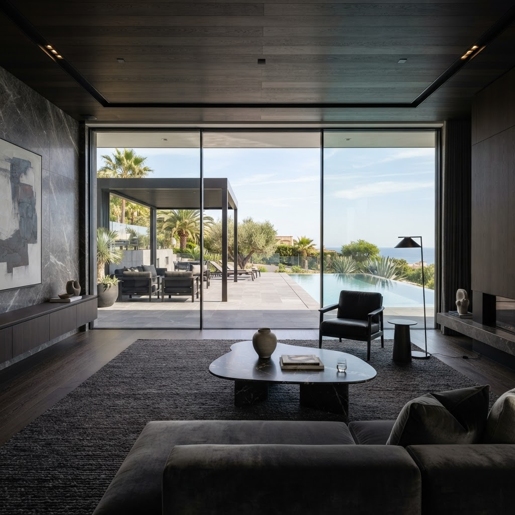 Oversized panoramic sliding glass doors opening to a terrace with pool view