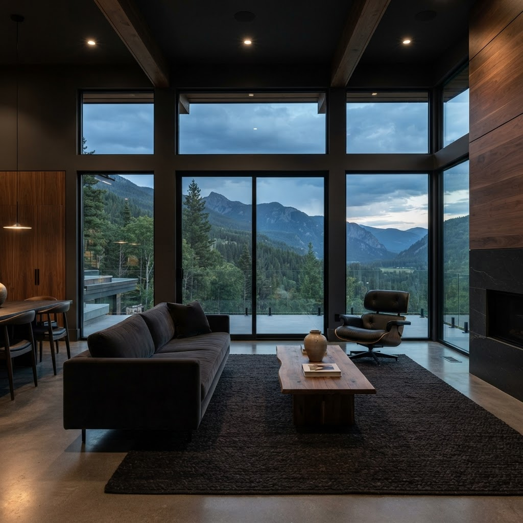 Large architectural energy-efficient windows in a luxury modern interior